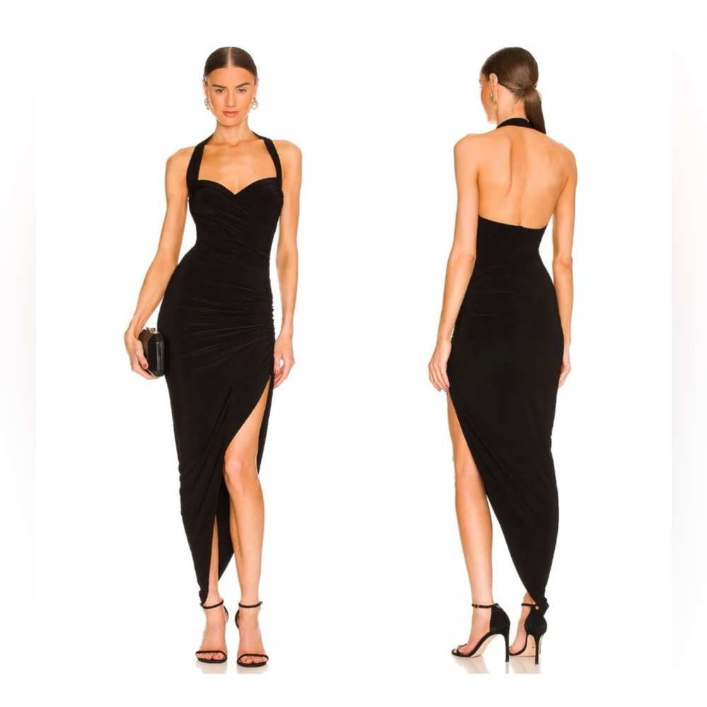 Norma Kamali Black Halter Ruched Asymmetrical Dress Bodycon Cocktail Evening - Picture 3 of 6